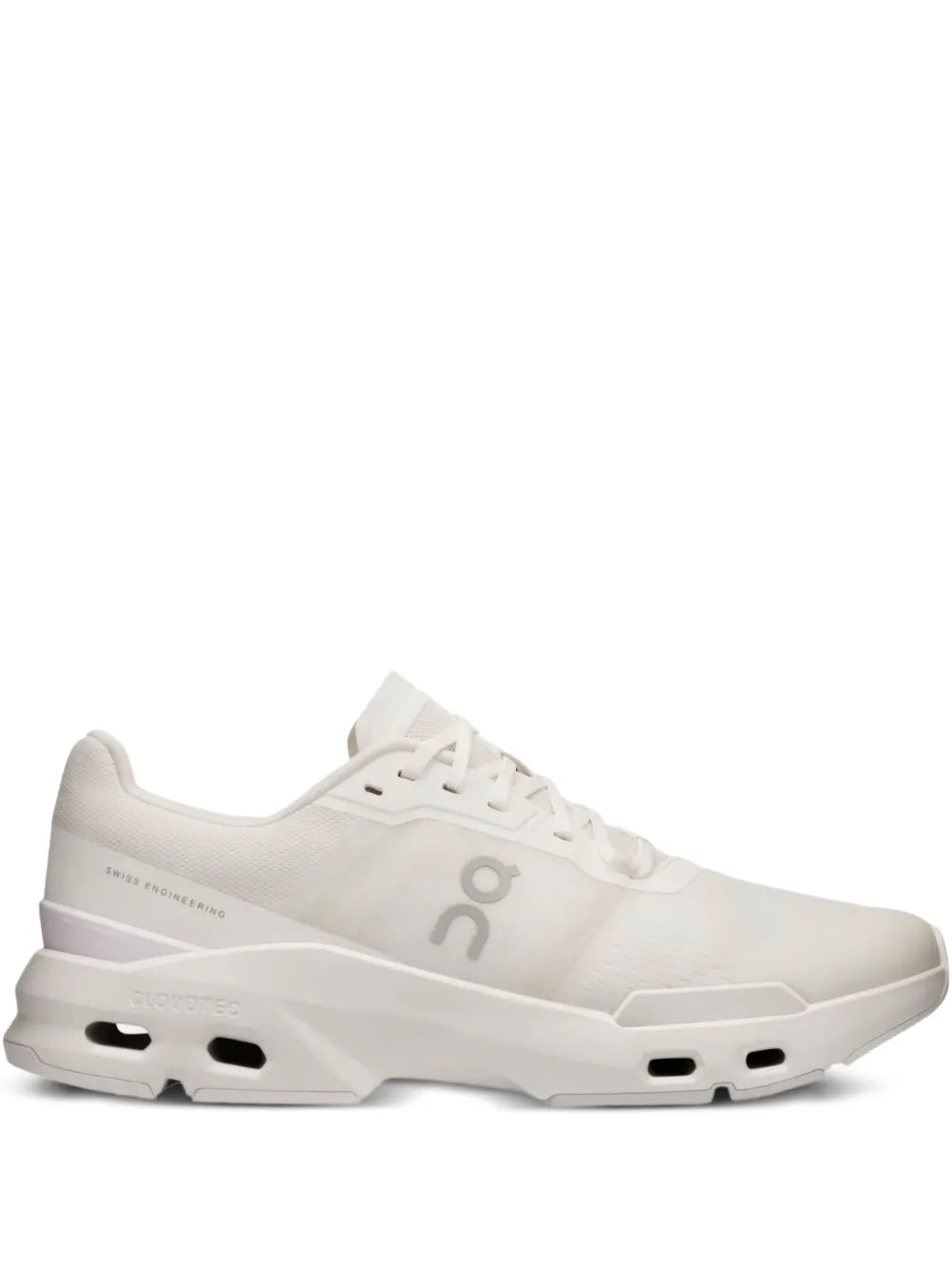 On Cloudpulse white running shoes with lace-up front and CloudTec-style sole