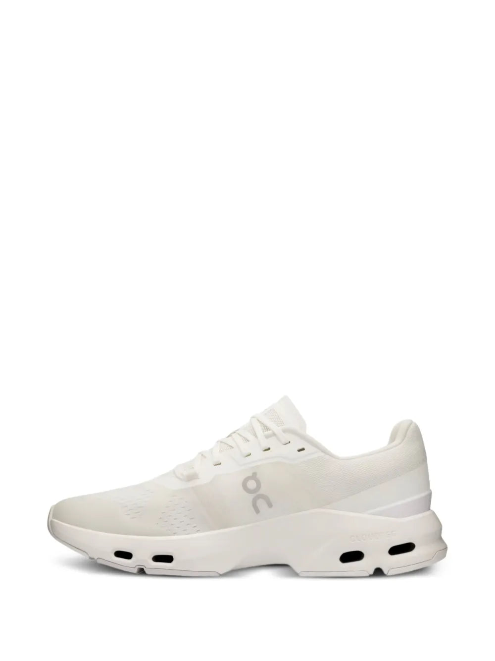 On Cloudpulse white running shoes, side view with lace-up upper and cushioned sole