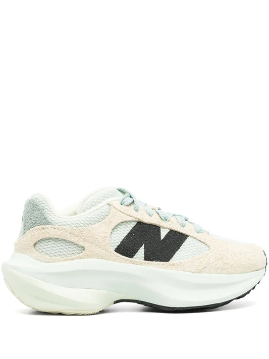 Cream and black logo-print sneaker with light blue laces and cushioned sole