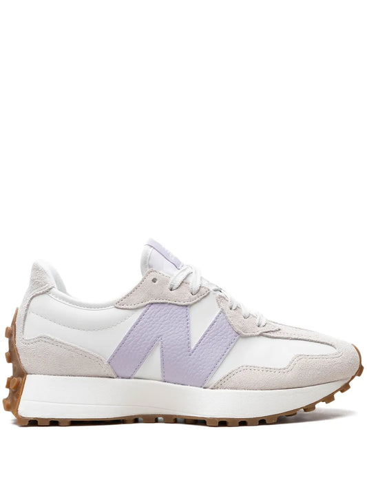 New Balance 327 low-top sneakers, white with light lavender logo and brown sole