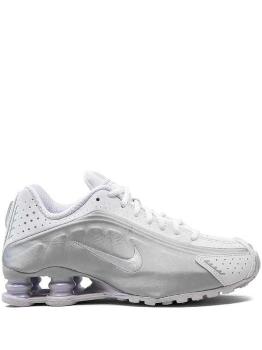 Nike Shox R4 white sneaker, side Swoosh and Shox air pod sole