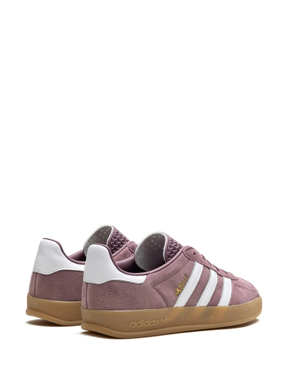 adidas Gazelle Indoor mauve sneakers with heel tab, white stripes, and gum outsole
