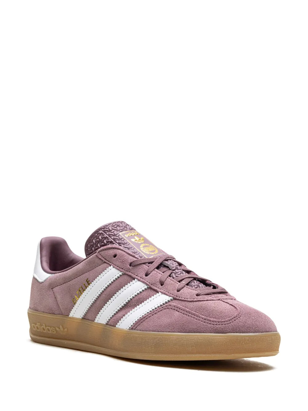 adidas Gazelle Indoor mauve sneakers with white stripes, lace-up closure and gum sole