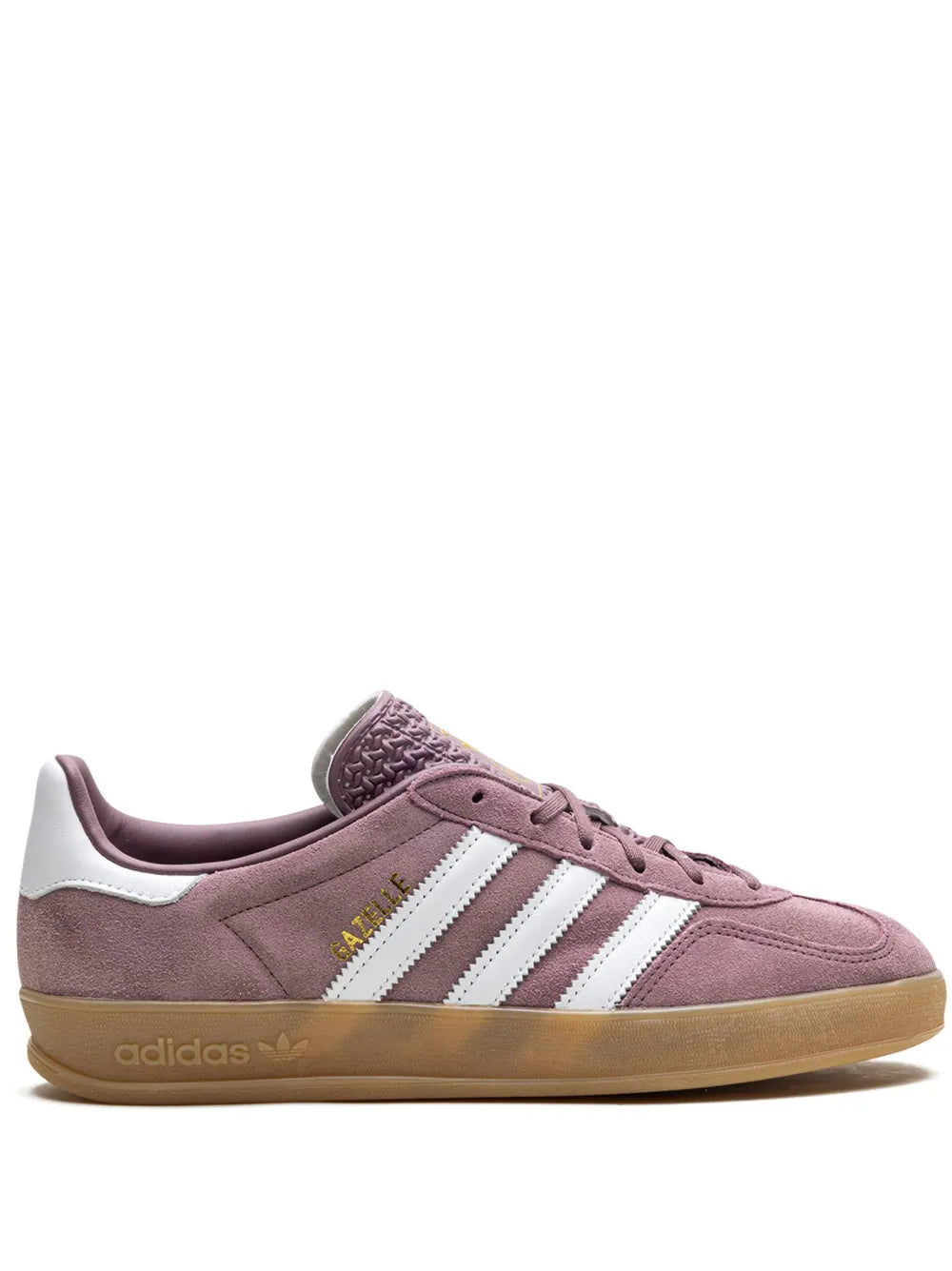 adidas Gazelle Indoor mauve suede sneakers with white three-stripe branding and gum sole