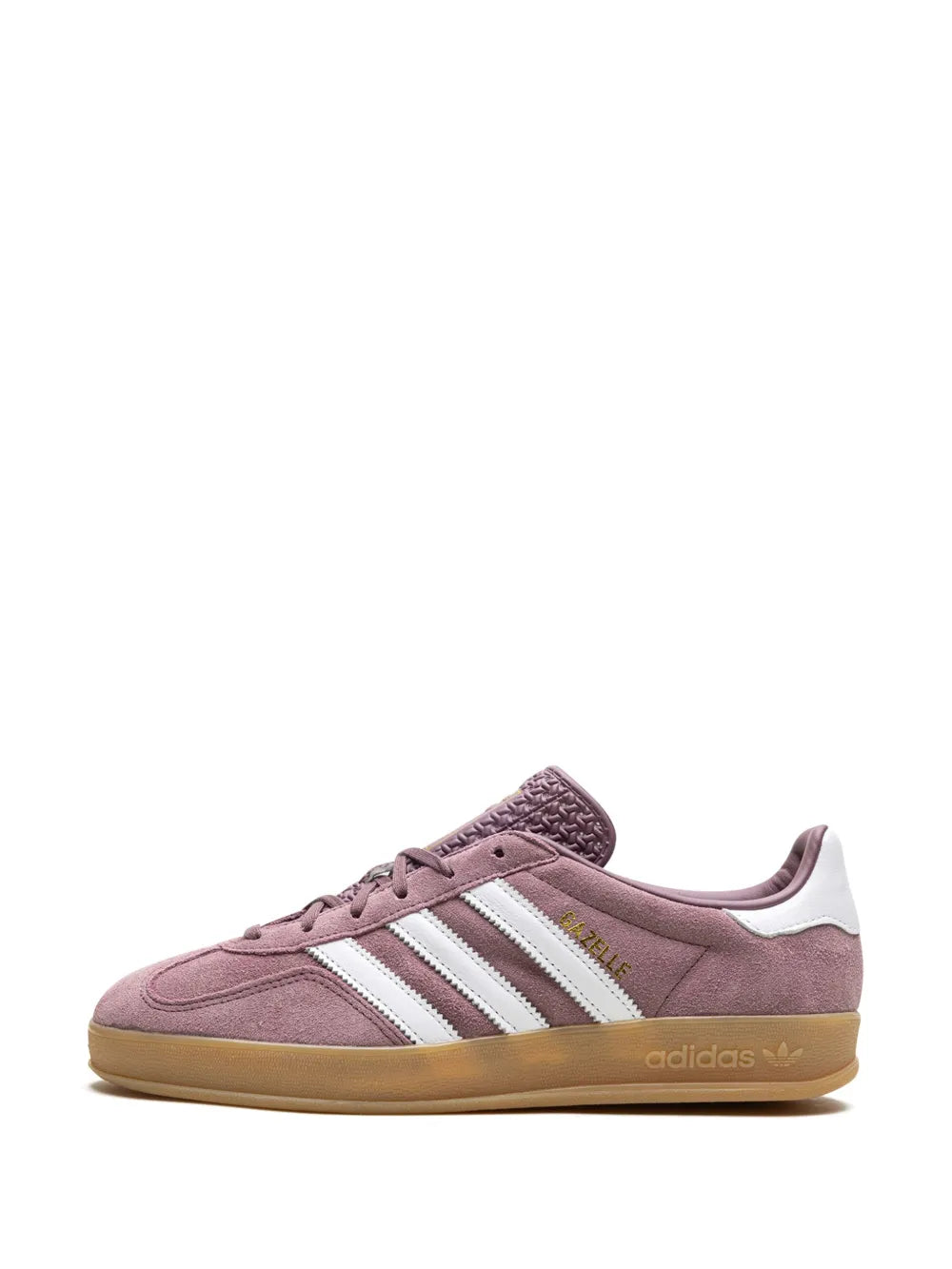 adidas Gazelle Indoor mauve suede sneakers with white stripes and lace-up front