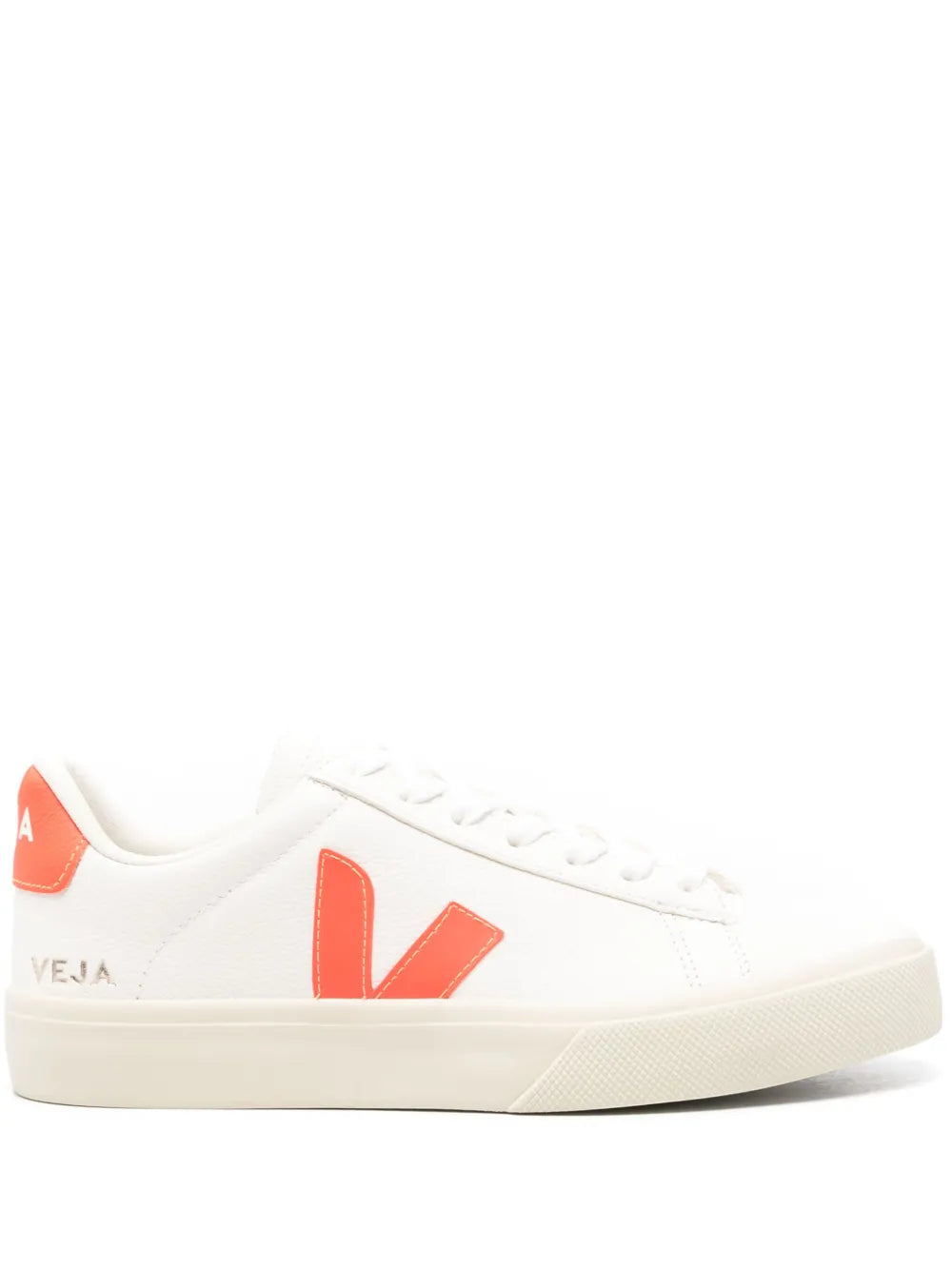 White low-top sneakers with orange VEJA V logo and heel tab