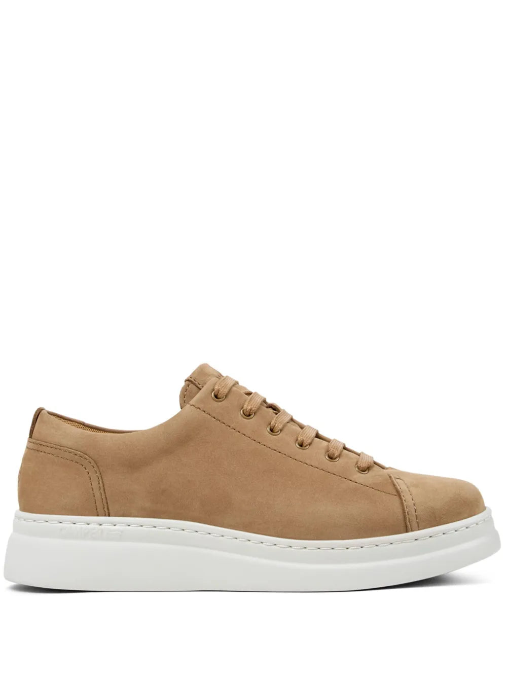 Brown suede lace-up low-top sneaker with white rubber sole