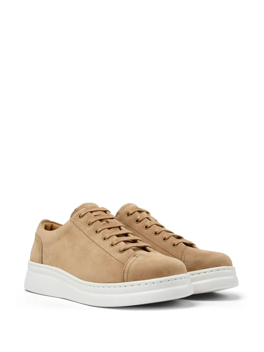 Tan suede lace-up low-top sneaker, side view, white rubber sole