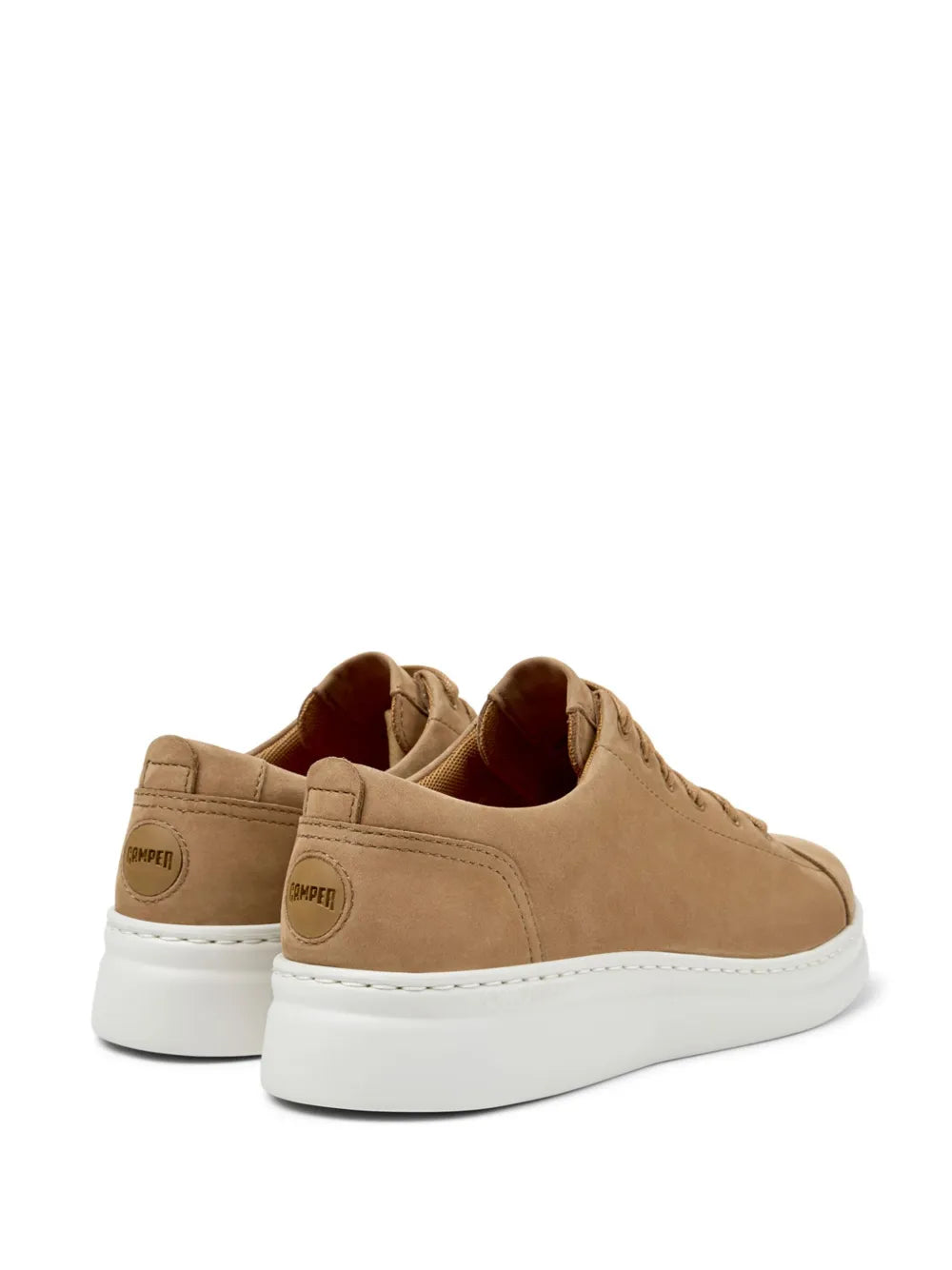 Tan suede lace-up low-top sneakers with white sole, rear view