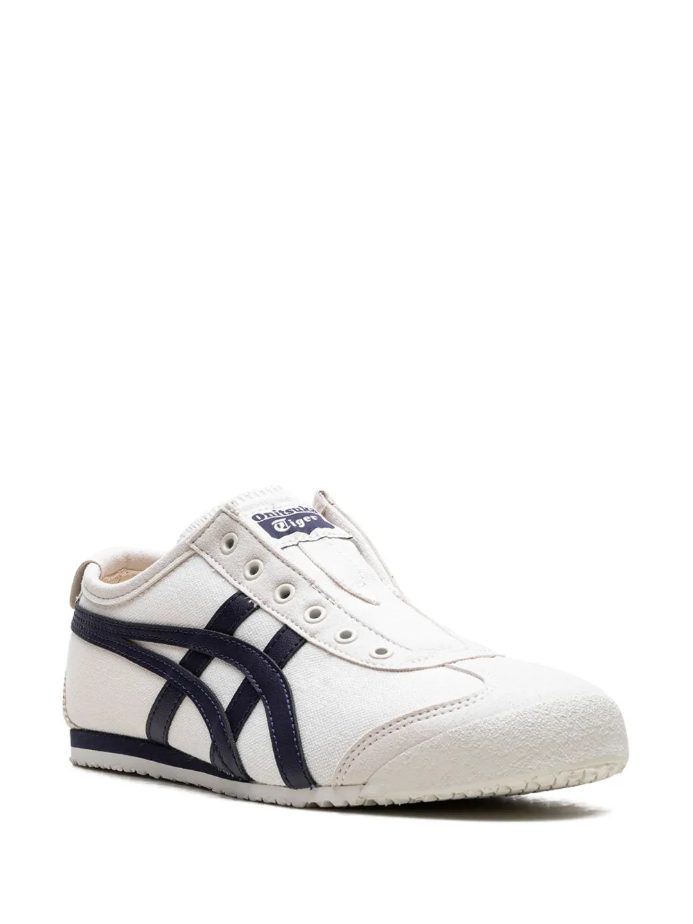 Low-top sneakers in white with navy side stripes and lace-up eyelets