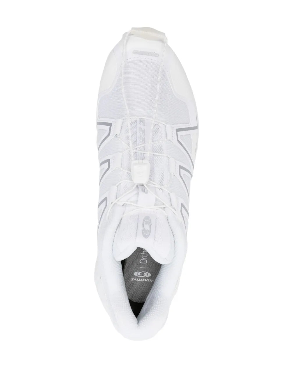White trail shoe viewed from heel, padded collar and lace-up opening