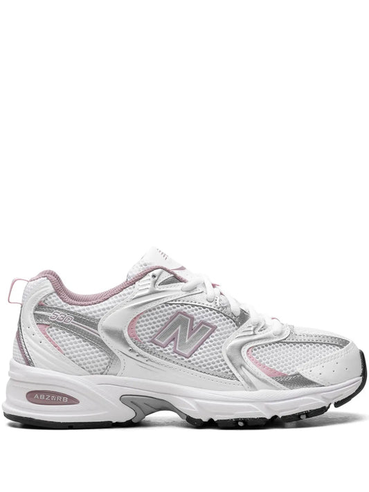 White mesh lace-up sneaker with N logo and mauve trim, ABZORB heel
