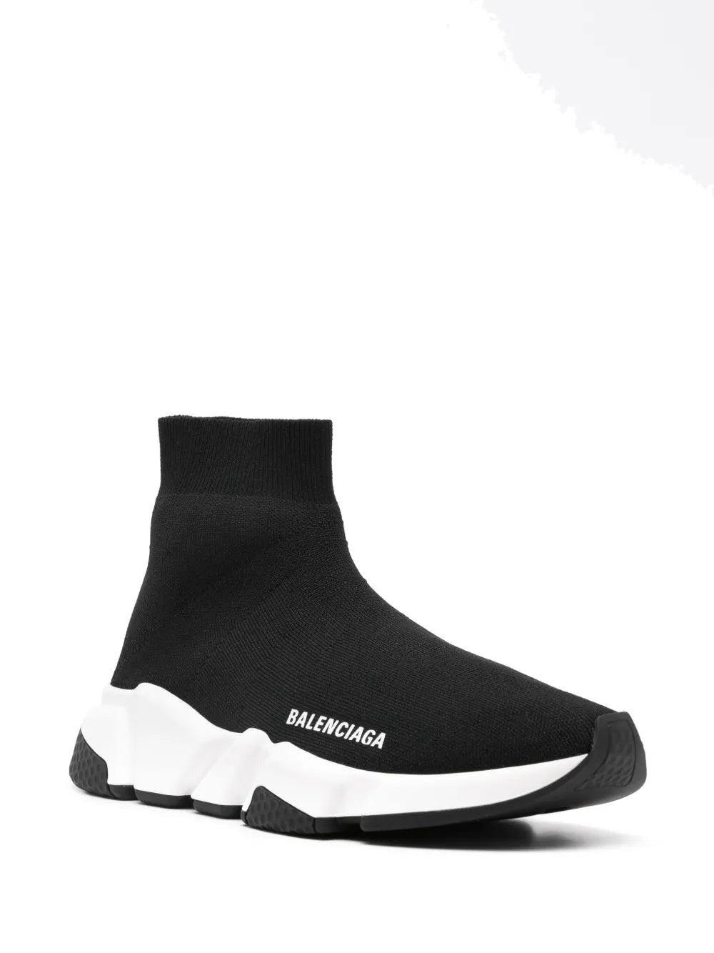 Black knit sock sneaker angled view, Balenciaga logo on side, white sole