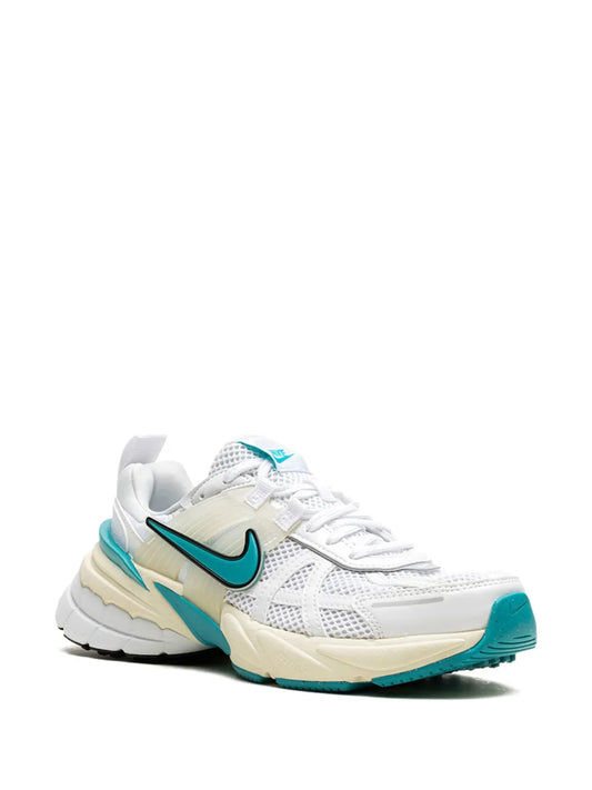 Nike V2K Run sneakers, white mesh upper with teal Swoosh and beige midsole