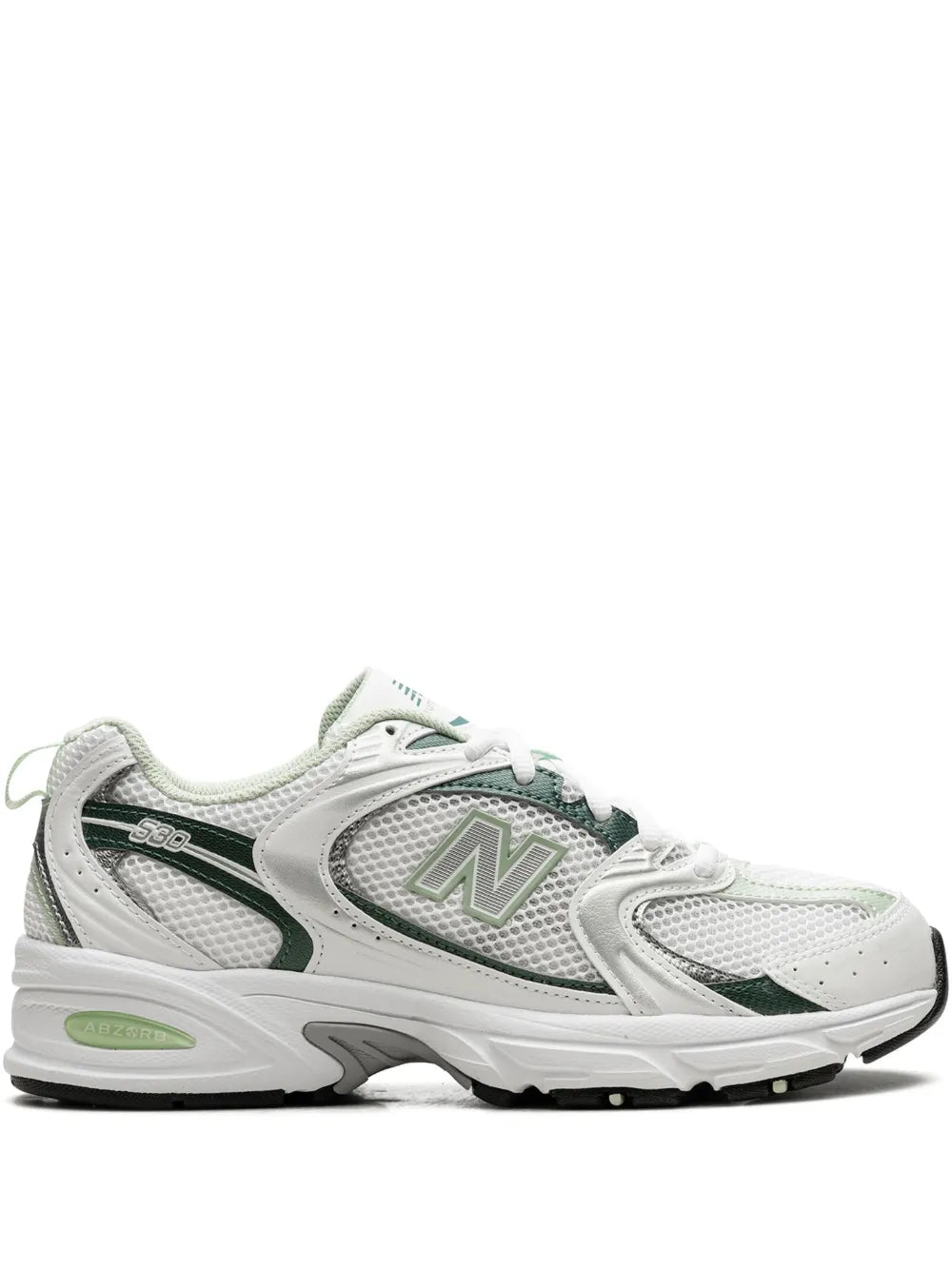 New Balance 530 sneaker with white upper, green accents, lace-up, chunky sole