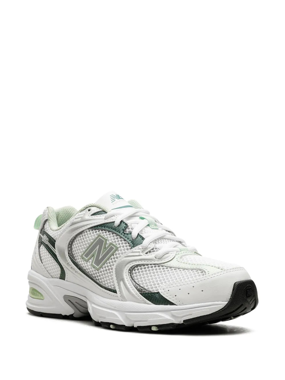 White and green lace-up sneaker, side view with N logo and textured panels