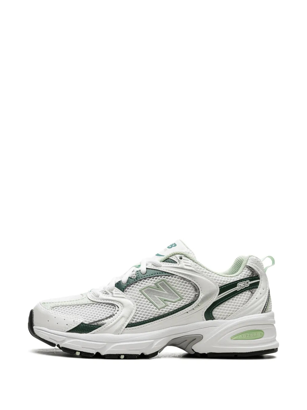 White and green lace-up sneaker, front side profile with N logo