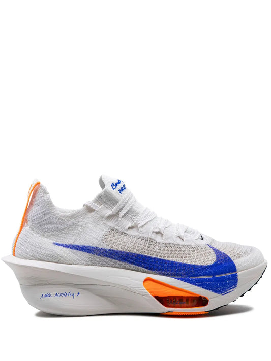 Nike Alphafly running shoe in white with blue swoosh and orange heel