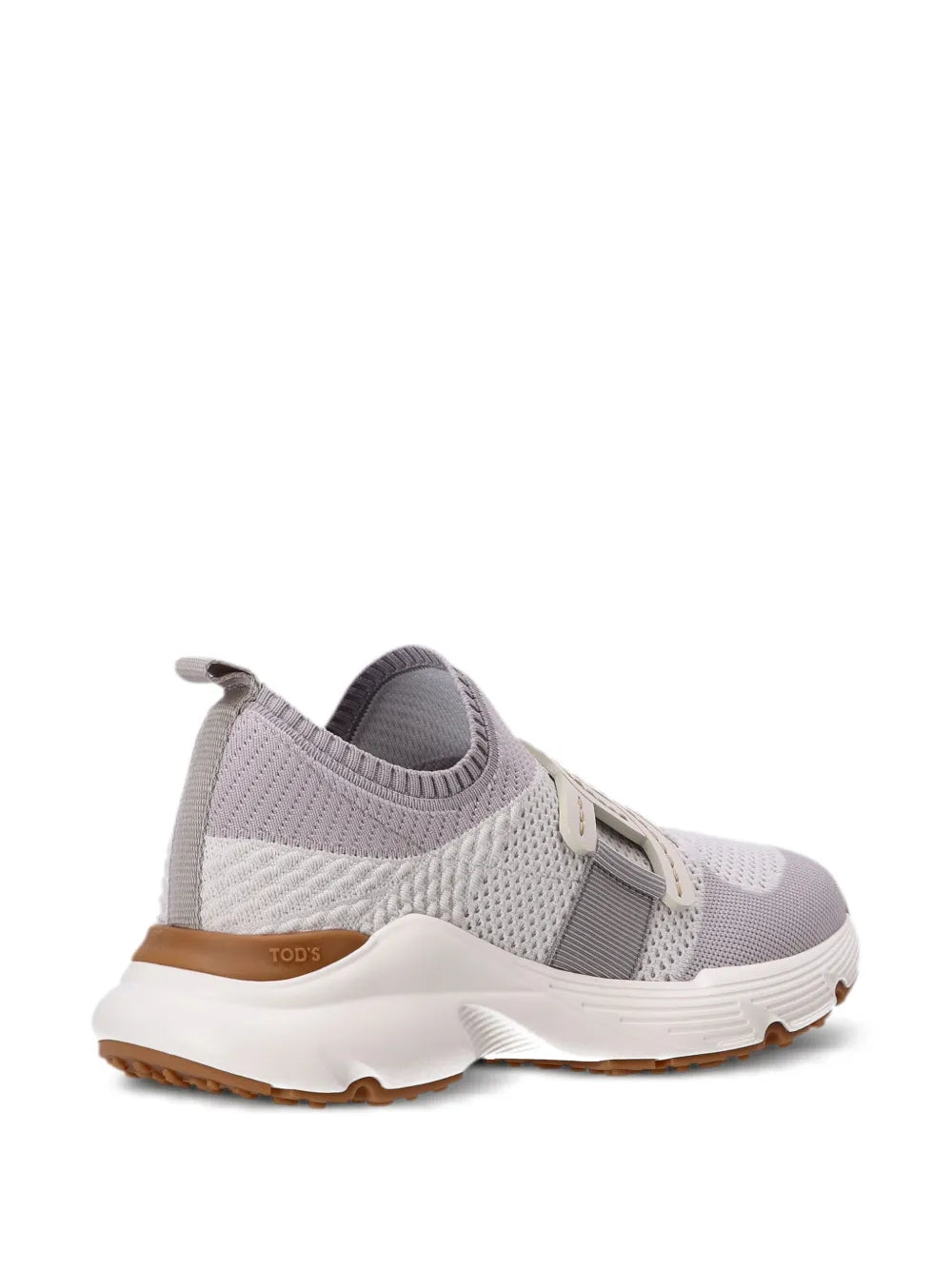 Tod's Kate sneaker, heel and side view with gray collar, white midsole, brown outsole.