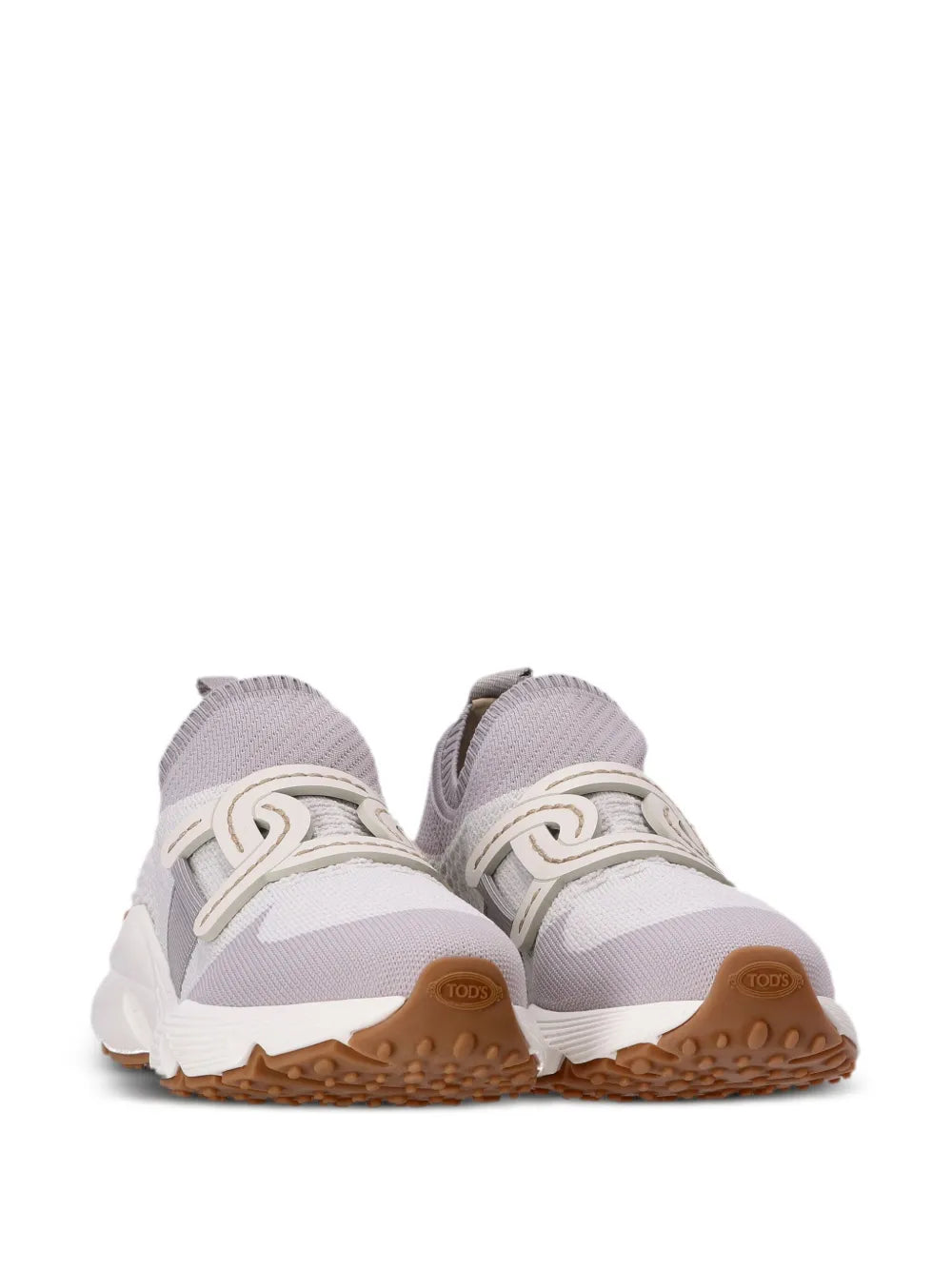 Tod's Kate sneakers, pair back view with lavender-gray uppers and brown textured soles.