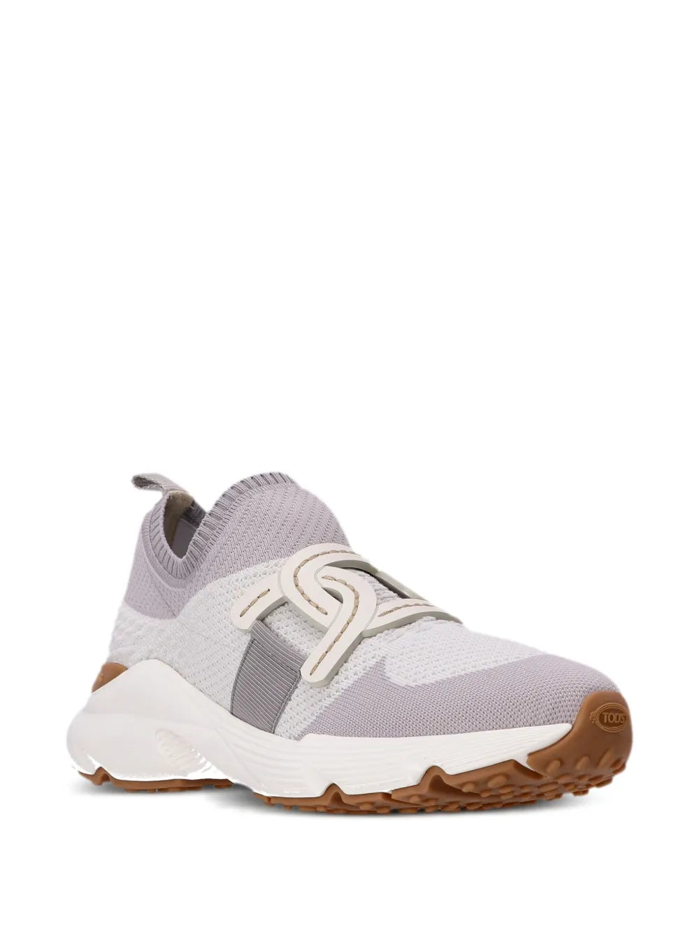 Tod's Kate sneaker, angled view in lavender-gray knit with gray strap and white sole.