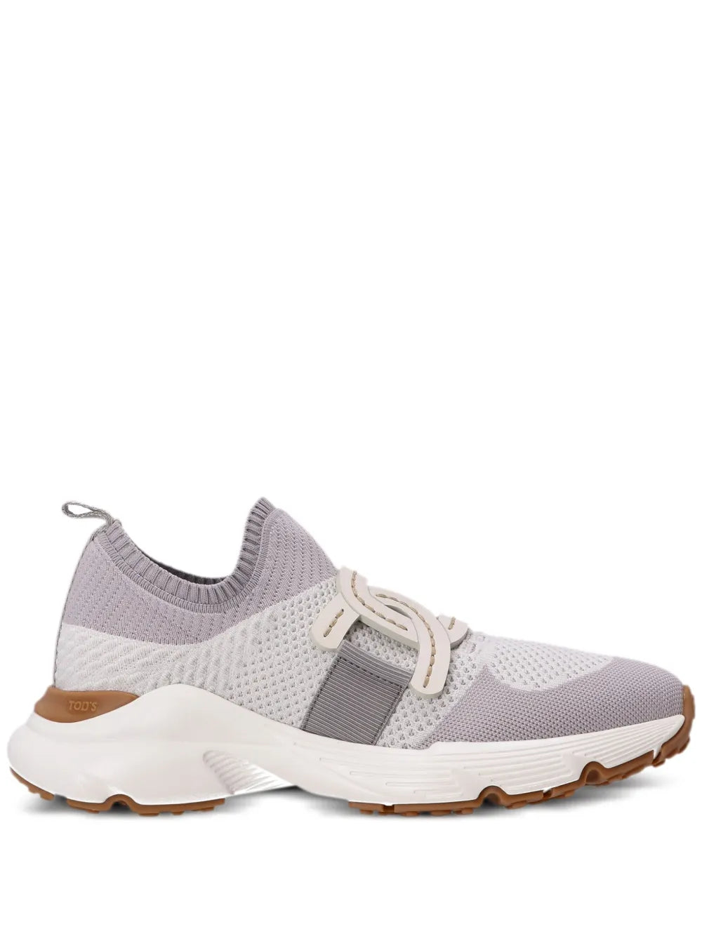Tod's Kate sneaker, lavender-gray mesh with white overlays and brown rubber sole.