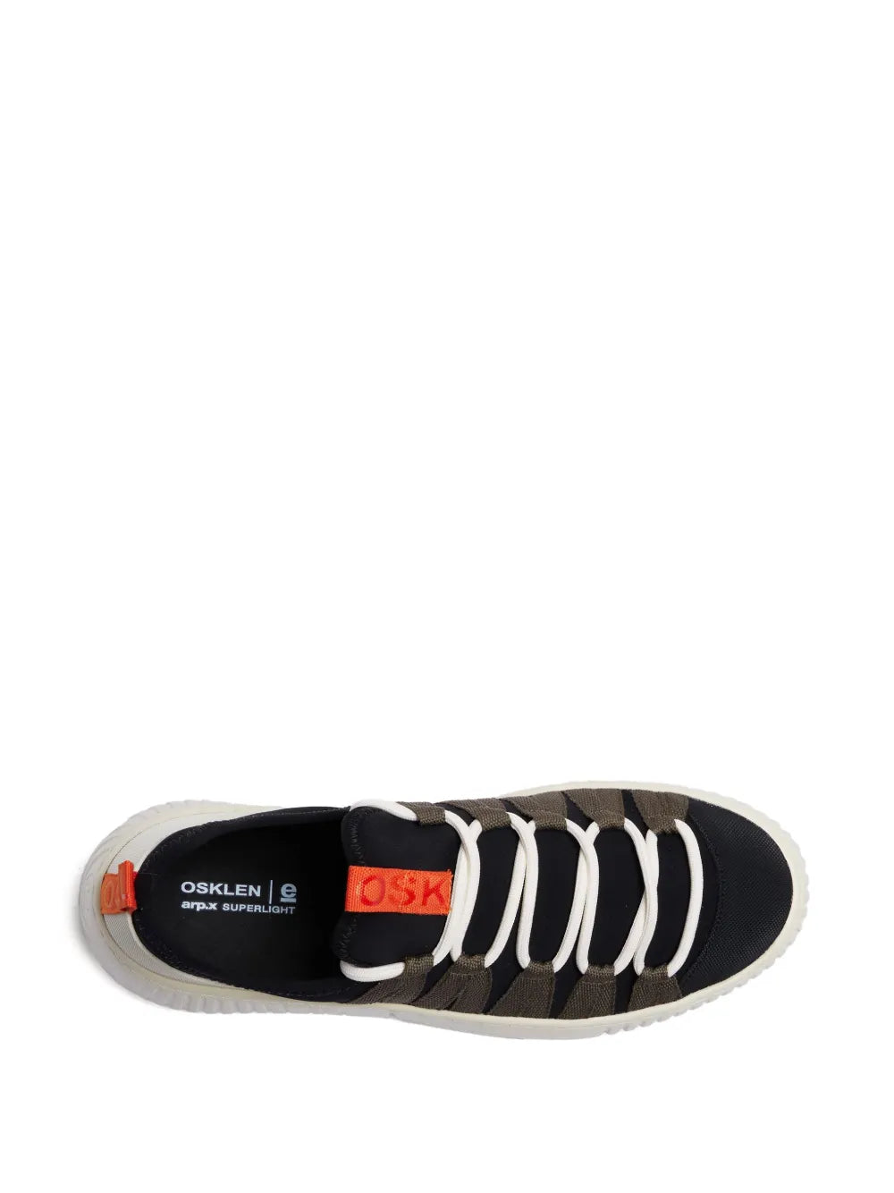 Black sneaker outsole view with orange branding on the heel and white sidewall sole