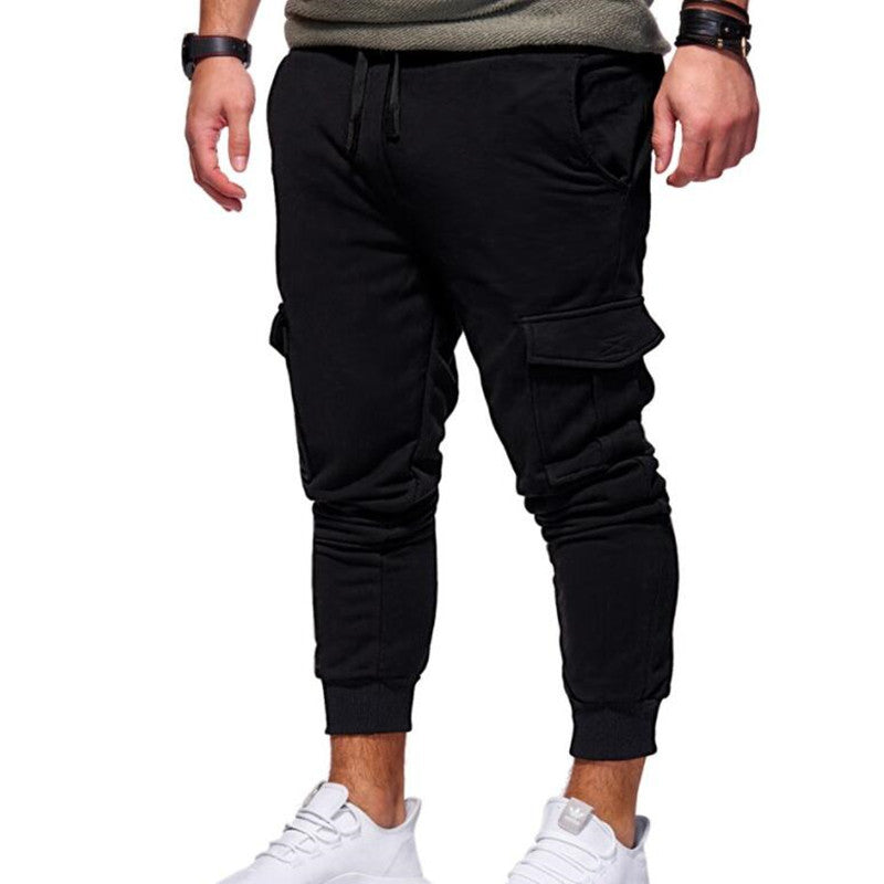 Men's cargo sweatpants, black with drawstring, side cargo pockets, cuffed jogger hems