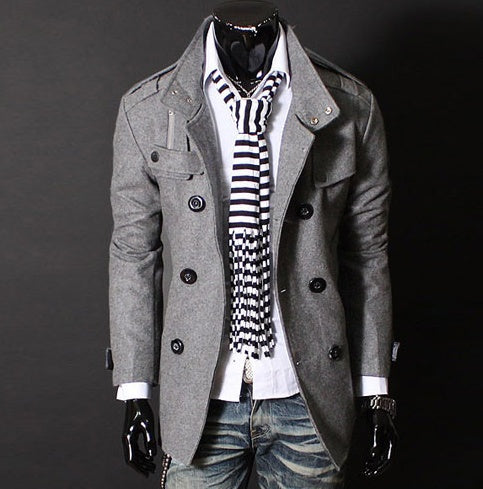Men's wool coat, gray double-breasted with large buttons and flap pockets