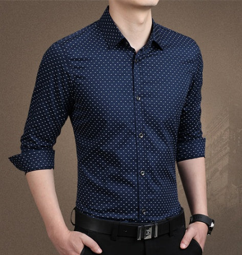 Men's navy dress shirt with small dotted pattern, button-down collar, 3/4 sleeves