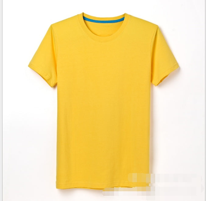 Men’s crew-neck yellow T-shirt with short sleeves and turquoise-trim collar