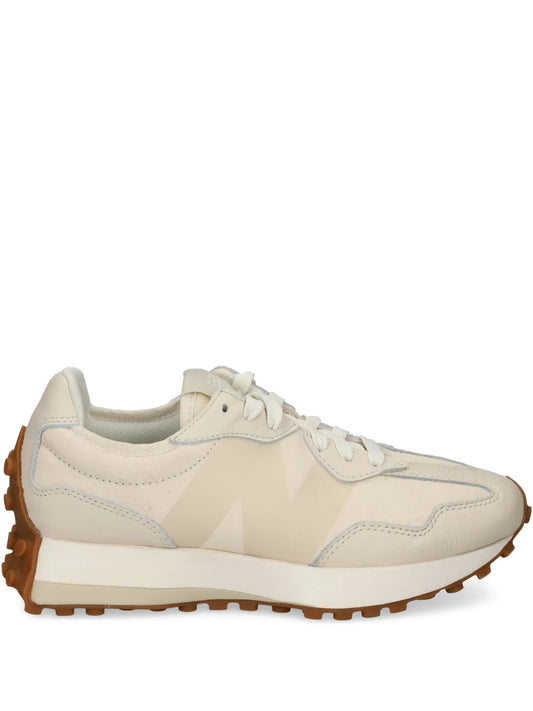 New Balance 327 beige lace-up sneaker with white panels and brown lug outsole