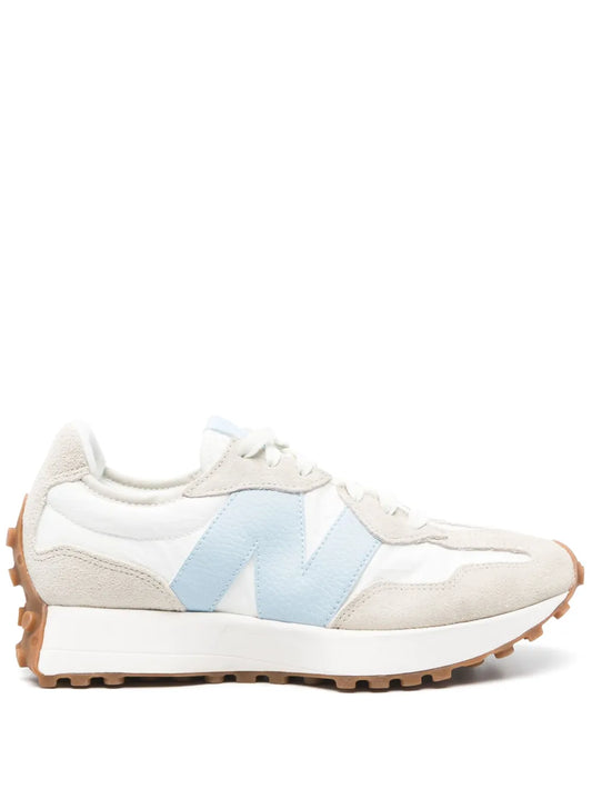 New Balance 327 low-top sneaker, white with light blue panels and gum sole