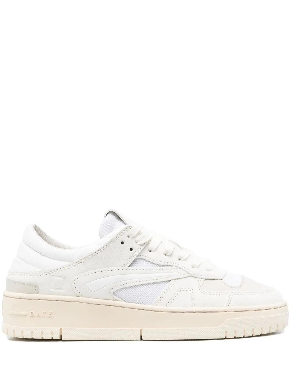 White panelled low-top lace-up sneaker with beige rubber sole and stitched detailing