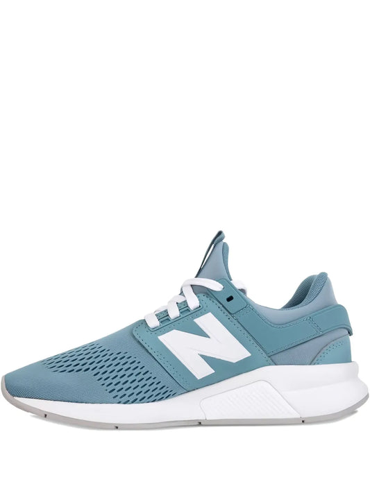 New Balance 247 low-top sneakers in teal blue with white N logo and lace-up front