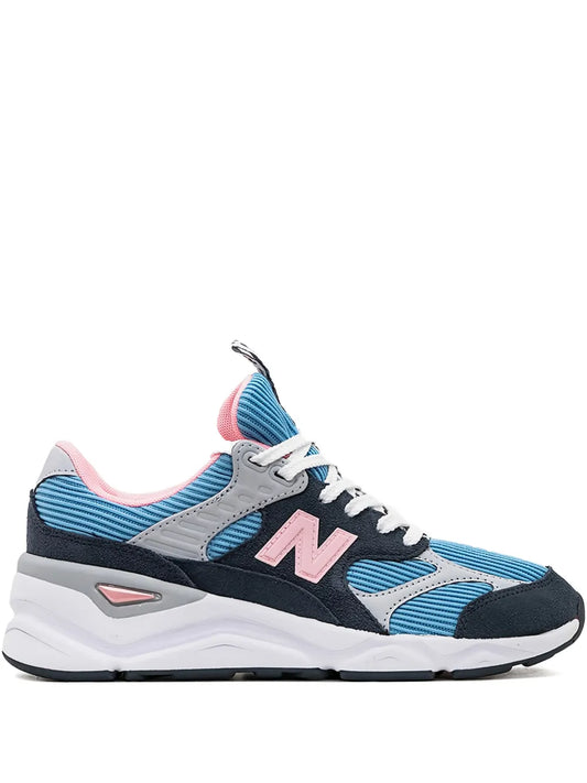 New Balance X-90 reconstructed sneakers in blue, navy, and pink with white laces