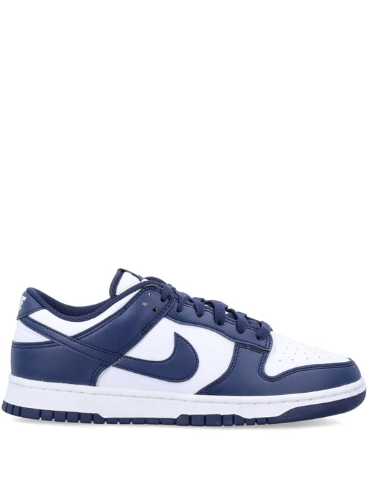 Nike Dunk Low low-top sneakers, navy and white, lace-up with large Swoosh