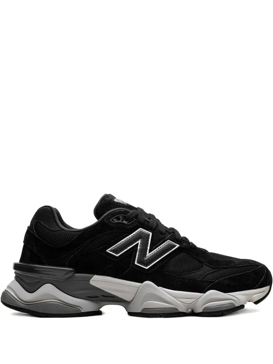 New Balance 9060 black sneakers with N logo, cushioned gray midsole