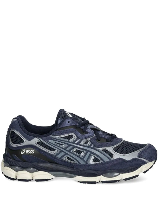 ASICS Gel-Nyc mesh-panel running shoes, navy blue with gray stripes and white sole