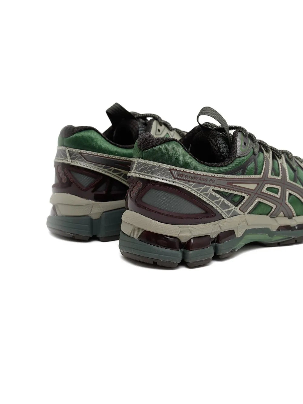 Men's lace-up running shoes with green heel and burgundy accents, rear 3/4 view