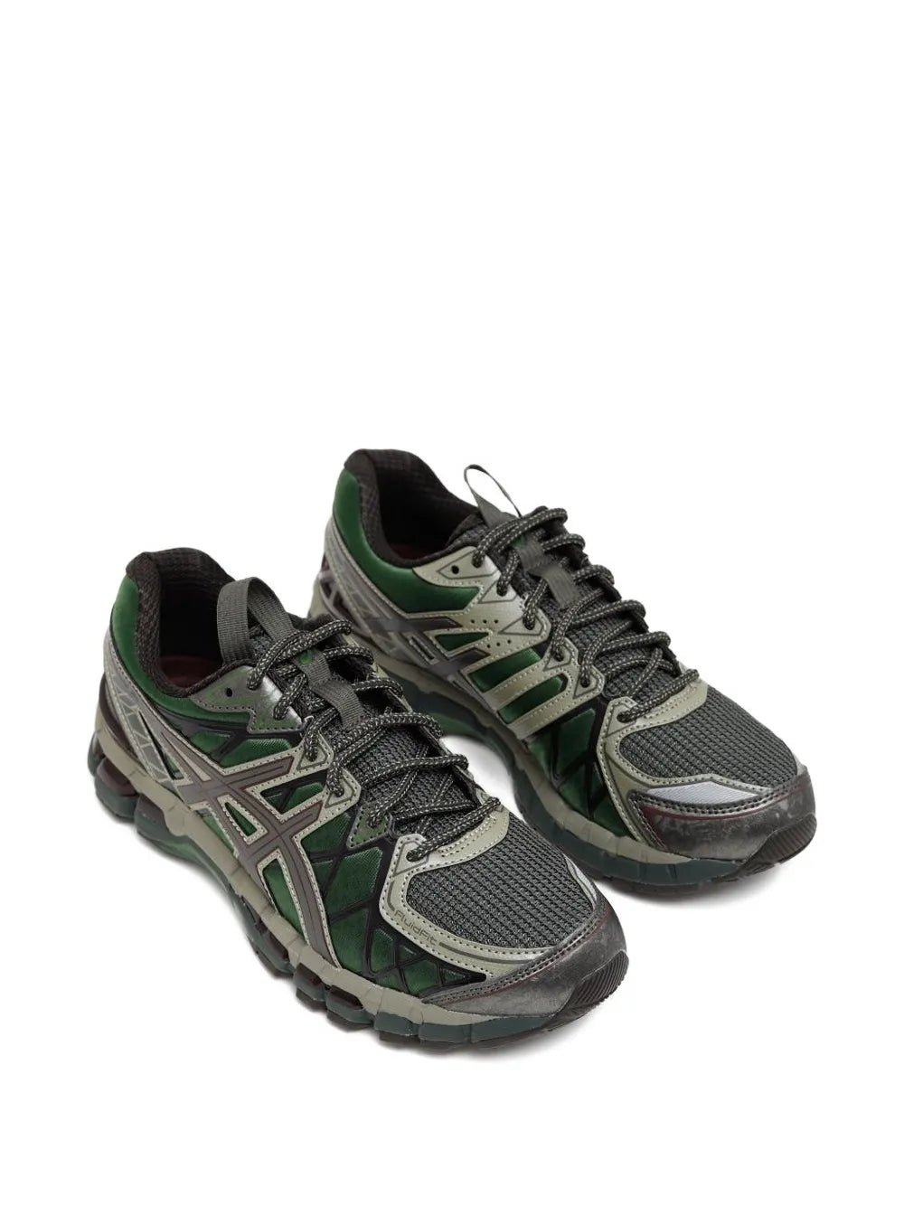 Men's lace-up running shoes in green and gray, side panels and lace eyelets visible