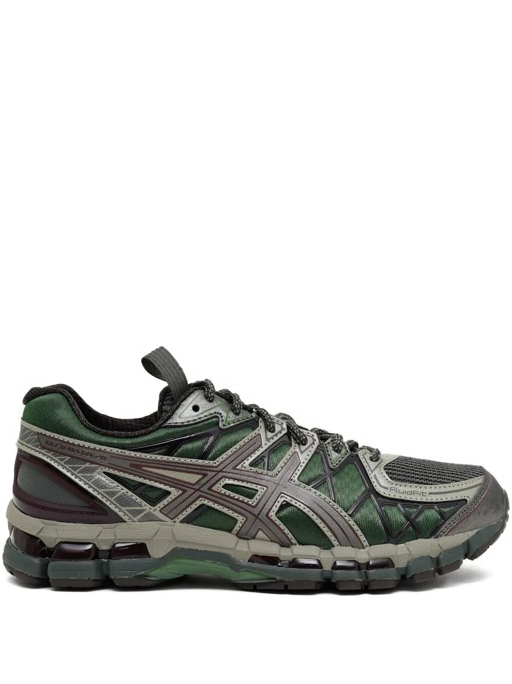 ASICS lace-up running shoes in green and gray, with padded collar and chunky sole