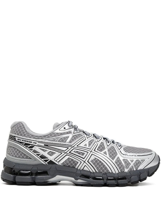 ASICS grey mesh running shoes, white overlays, black lugged outsole