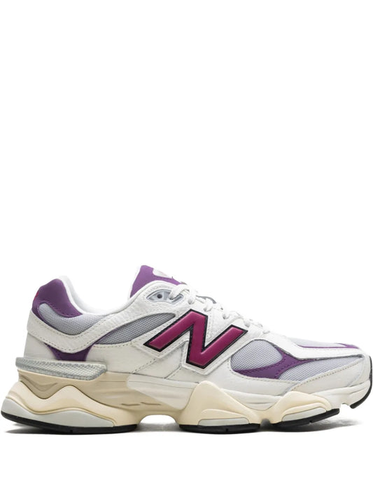 New Balance 9060 white, purple & beige lace-up running sneaker with N logo