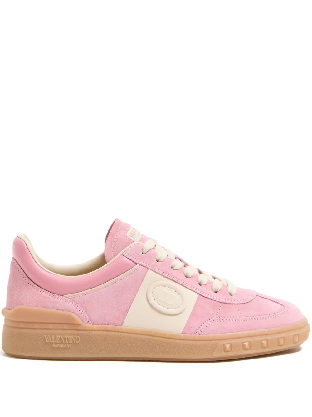 Pink Valentino Garavani Upvillage Crosta sneakers with lace-up front and tan rubber sole