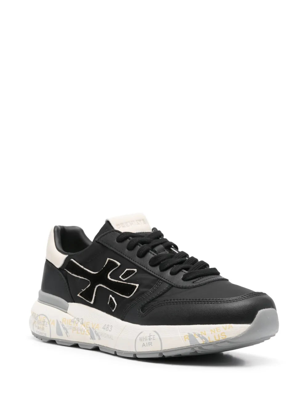 Black lace-up low-top trainers with cream collar, branded side logo, chunky sole
