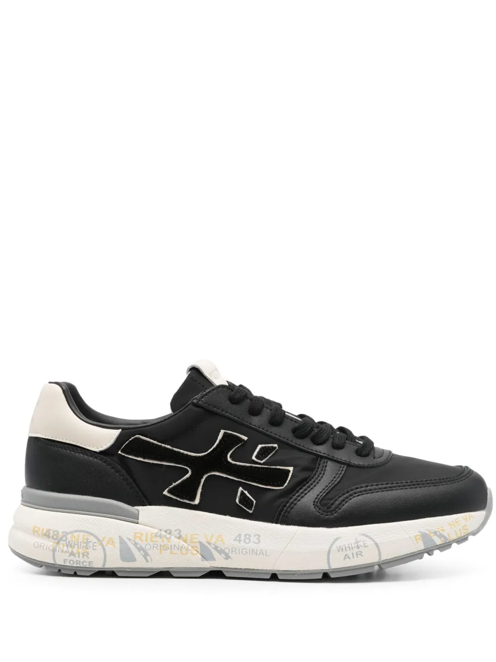 Black leather-look low-top trainers with white side panel and lace-up closure