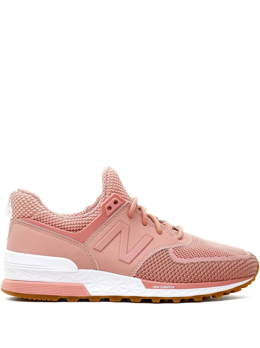 New Balance 574 sneakers with pink mesh upper, N logo, lace-up, white midsole