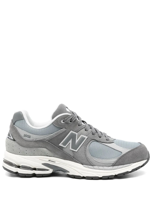 Grey New Balance 2002R running sneaker, mesh upper, N logo, lace-up