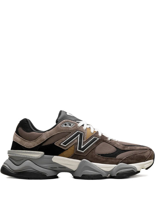 Brown mesh-and-suede running sneakers with white laces and N logo; chunky gray sole